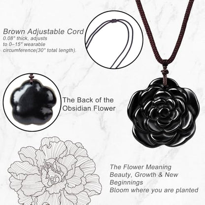 Crystal Flower Pendant Necklace for Women, Hand Carved Sculpted Flower Bloom Charm, Healing Stone Jewelry Gift for Her Mom Girlfriend - color: Black