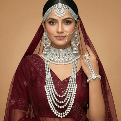 Aheli Traditional Wedding Indian Bharatanatyam jewellery set Long Choker Necklace Earrings Maang Tikka Nath Paasa Hath Phool for Women - color: Rhodium White