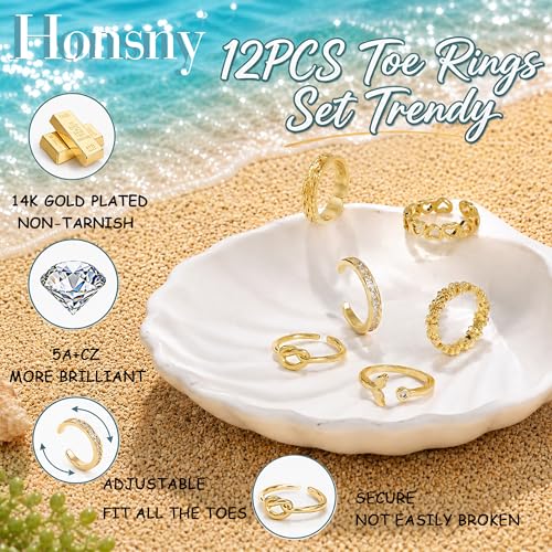 Honsny 12PCS Gold/Silver Toe Rings for Women Adjustable Non Tarnish Ring | Stackable Rings for Women, Toe Ring Set, Open Band, Flower Cubic Zirconia Rings, Beach Summer Foot Jewelry, 14K Gold Plated - color: Rose Gold