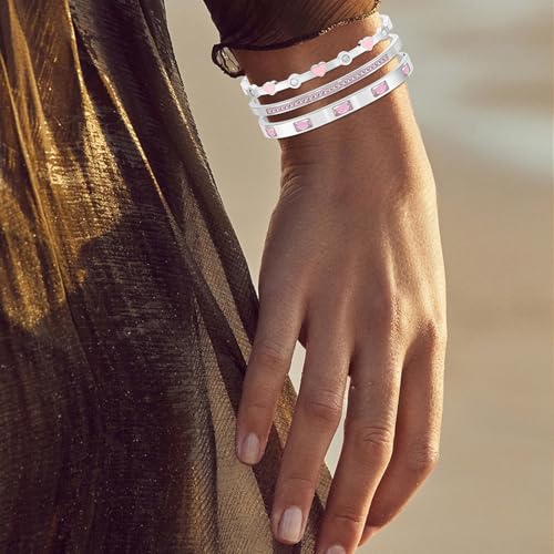 Camhanno Pink Heart Bangle Bracelets for Women - 18K Gold Plated Stackable Stainless Steel, Friendship & Love Jewelry Gift for Her - color: Silver+Pink