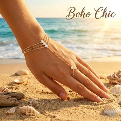 925 Sterling Silver Hand Chain Bracelet for Women | 14k Gold Plated CZ Crystal Heart Starburst Ring Bracelets Hand Chain Diamond Layered Stackable Link Chain Beach Jewelry Gifts - color: Gold