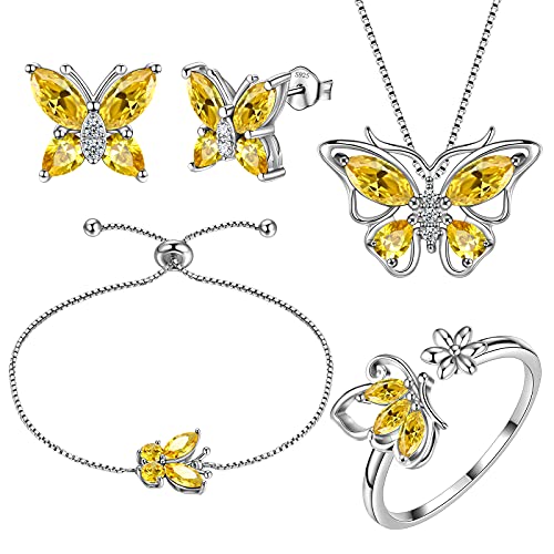 Aurora Tears Butterfly Jewelry,Women 925 Sterling Silver Butterflies Birthstone Pendant Necklace/Earrings/Rings Wedding Gift - color: K.November-set 3