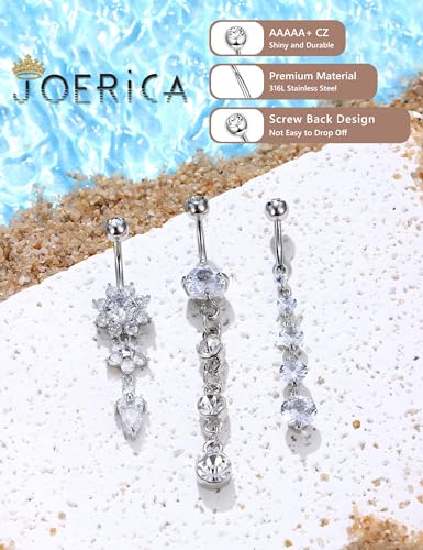JOERICA 3-6Pcs 14G 316L Stainless Steel Belly Button Rings for Women Flower CZ Dangle Belly Button Rings Navel Piercing Jewelry - style: 3Pcs,Silver-tone