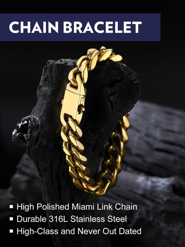 Bandmax Mens Hip Hop Cuban Link Bracelets 5/7/9/12MM Stainless Steel Miami Curb Chain Bracelet Silver/Gold Plated/Black Wristlet Chains for Men 7"-9" - color: 12 12MM-Gold