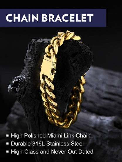 Bandmax Mens Hip Hop Cuban Link Bracelets 5/7/9/12MM Stainless Steel Miami Curb Chain Bracelet Silver/Gold Plated/Black Wristlet Chains for Men 7"-9" - color: 12 12MM-Gold