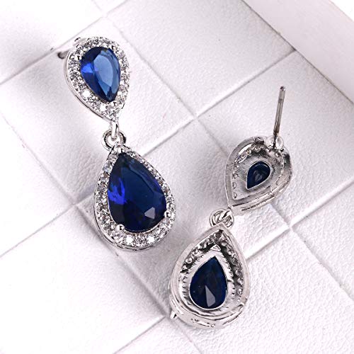 Pave Teardrop Earrings for Wedding Sterling Silver Double Pear Shaped CZ Cubic Zirconia Crystal Rhinestone Birthstone Dangle Earrings Bridal Jewelry for Bride Bridesmaids - color: Royal Blue Sapphire