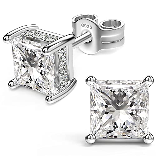 Princess Cut Cubic Zirconia Stud Earrings for Men Women | Square CZ Simulated Diamond Studs, 18K White Gold Plated Sterling Silver, Hypoallergenic - color: White Gold, size: 5MM
