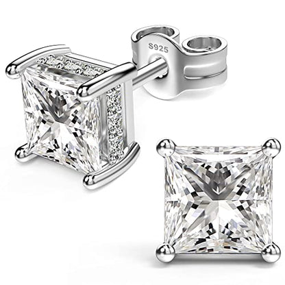 Princess Cut Cubic Zirconia Stud Earrings for Men Women | Square CZ Simulated Diamond Studs, 18K White Gold Plated Sterling Silver, Hypoallergenic - color: White Gold, size: 5MM