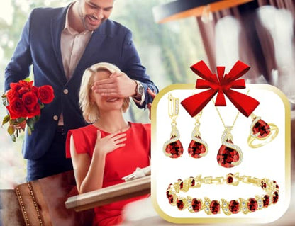 GZWHD Jewelry Set for Women Water Drop Cubic Zirconia Artificial Crystal Earrings Pendant Necklace Open Ring Tennis Bracelet Wedding Anniversary Birthday Engagement Gift for Bridesmaid Wife Girlfriend Friend - color: Gold-Garnet