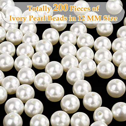 Pearl Beads for Craft, Anezus 200pcs Ivory Faux Fake Pearls, 12 MM Sew on Pearl Beads with Holes for Jewelry Making, Bracelets, Necklaces, Hairs, Crafts, Decoration and Vase Filler - size: 12 MM