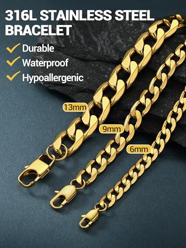 PROSTEEL Bracelets for Men, Figaro/Cuban Mens Bracelet, Silver/Gold/Black | 6/9/13mm Width, 7.5/8.3/9" Length, Stainless Steel Mens Bracelet, Durable & Non Tarnish, Chunky Jewelry with Gift Box - style: E 6mm-Cuban-Gold