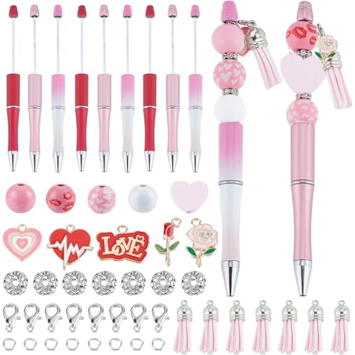 SUNNYCLUE DIY 9 Sets Beadable Pens with Beads 145Pcs Beadable Pens Kit Black Ink Ballpoint Pen Pink Wood Beads Pen Making Kits Valentine's Day Heart Love Hanging Charms Beaded Pens for Women School - color: 9 Sets, Pink