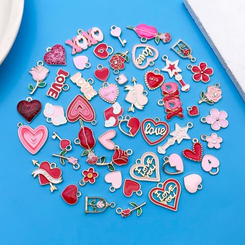 Youdiyla 50pcs Alloy enamel red pink Valentine's Day set Pendant Jewelry Making DIY Keychain Earrings Pendant Various Design Charms for Jewelry Making Bracelets Necklace (SN1045) - color: SN1045