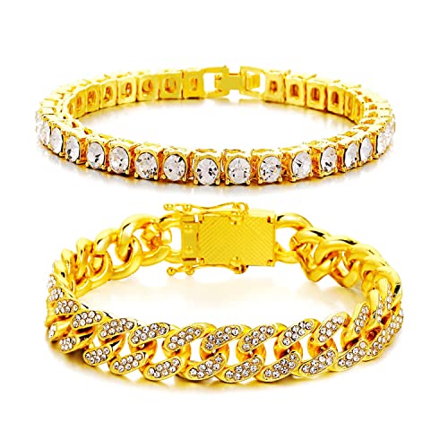 HH BLING EMPIRE 14K Gold and Silver Bracelets Diamond Tennis and Cuban Link Bracelet for Men Women Hip Hop Jewelry - color: Set A-Gold, size: 7.5"