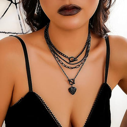 CSIYANJRY99 Layered Gold Necklaces for Women Chunky Gold Necklace Stack Layered Cuban Paperclip Snake Chain Necklace Retro Coin Dainty Pendant Toggle Clasp Necklace - style: Black Heart