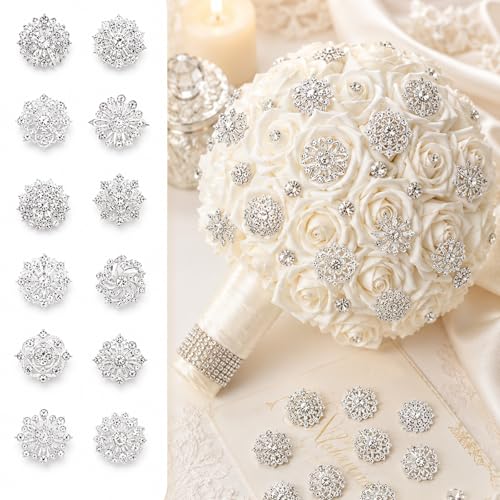 112 Pcs Sliver Crystal Wedding Bouquet Brooches for Women, Rhinestone Flower Brooch Pins Corsage Boutonniere Stick Pins for DIY Wedding Party Bouquets Embellishment Crafts Decor