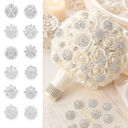 112 Pcs Sliver Crystal Wedding Bouquet Brooches for Women, Rhinestone Flower Brooch Pins Corsage Boutonniere Stick Pins for DIY Wedding Party Bouquets Embellishment Crafts Decor