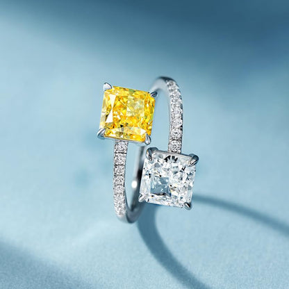 Dainty Cute 925 Silver Yellow Crystal and White Crystal Double Stone Ring Exquisite Square Morganite Open Four-Claw Topaz Open Adjustable Ring for Women Anniversary Wedding Engagement Promise Rings
