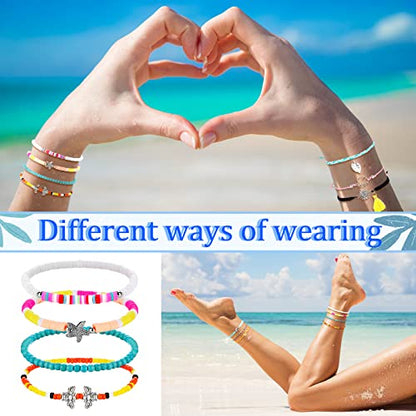 Hicarer 21 PC Surfer Wave Friendship Bracelet Set Waterproof Adjustable Boho Beach String Anklets Bulk, Summer Gift for Women - style: Multiple Style