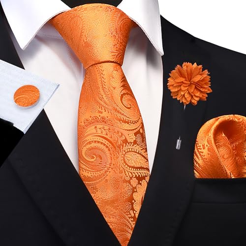 GUSLESON Paisley Tie Set for Men 3.15" Necktie Lapel Pin Hankerchief Cufflinks Set for Men - color: Orange