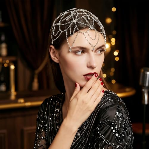 1920s Crystal Cap Headpiece Vintage Silver Rhinestone Flower Head Chain Roaring 20s Great Gatsby Hair Accessories for Bridal Wedding Halloween Cosplay Party