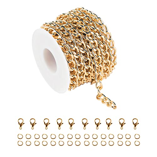16.4 Feet Twisted Curb Chain Links Gold Plated Aluminum Bracelet Necklace Chain Bulk for DIY Craft Jewelry Making with Lobster Clasps and Jump Rings - color: 7×10mm-Gold