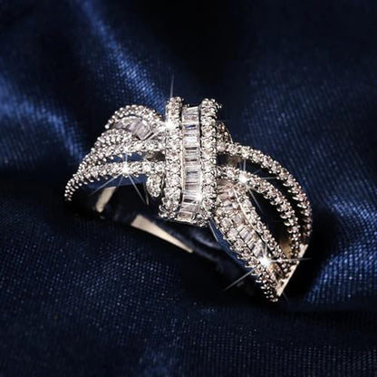 PAVOOI 14K Gold Plated X Ring Simulated Diamond CZ Criss Cross Ring for Women Juude Jewelers Silver Rose Gold Braided Wrap Knot Style Promise Statement Cocktail Party Ring(Silver.G-US Code-6) - color: SILVER.G, size: (US Code-6)