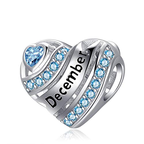 COMORE Birthstone Heart Charms for Charms Bracelet-925 Sterling Silver Love Heart Bead Charms for Bracelets and Necklaces, Birthday Gifts for Women. - style: December