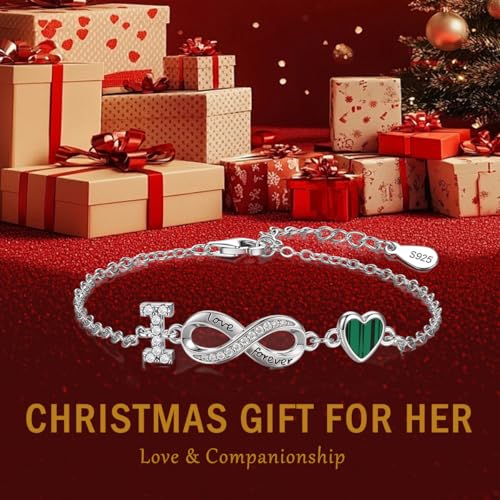 925 Sterling Silver Adjustable Letter Bracelets Infinity Heart Emerald Charm Link Bracelet ，Personalized Charm Alphabet Jewelry Valentines Christmas Mother’s Day Birthday Gifts - color: I