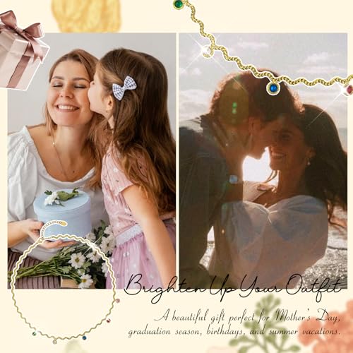 Hipunk Women Gold Plated Stainless Steel Wave Rope Chain Collar Necklace with Colorful Zirconia Flower Heart Charms Choker, Adjustable 16+2 Inch - color: round