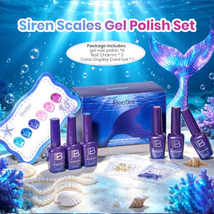 Beetles Glitter Gel Nail Polish Set, Siren Scale Shimmer Gel Polish | 6 Color Blue Pink Purple Colors with Rhinestones for Mermaid-Style Nail Art UV Led Soak-Off Manicure - color: Siren Scales