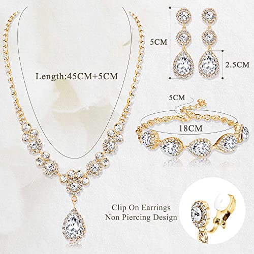 Jstyle Rhinestone Wedding Jewelry Sets for Brides, Brides Bridesmaid Sets | Non Tarnish Bridal Jewelry Set, Crystal Teardrop Pendants Necklace Bracelet,Clip On Earrings, Wedding Prom Jewelry Set - color: Gold Tone