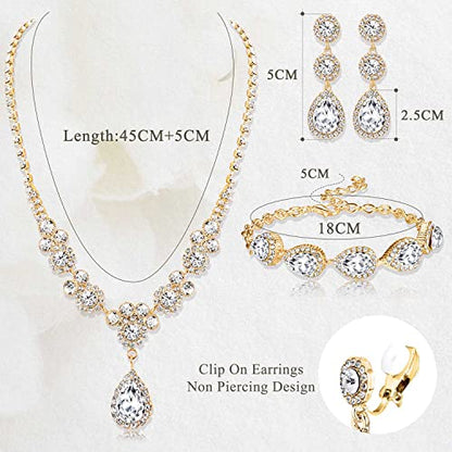 Jstyle Rhinestone Wedding Jewelry Sets for Brides, Brides Bridesmaid Sets | Non Tarnish Bridal Jewelry Set, Crystal Teardrop Pendants Necklace Bracelet,Clip On Earrings, Wedding Prom Jewelry Set - color: Gold Tone