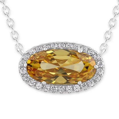Belacqua Gemstone Necklace in Sterling Silver,Halo Pendant with Accent, Oval Cut 6 * 12mm, 15" Cable Chain with 2" Extender, Spring Ring Clasp, Dainty Birthstone Necklace for Women, Gift Box Included - color: 11-November-Citrine Amber Brown