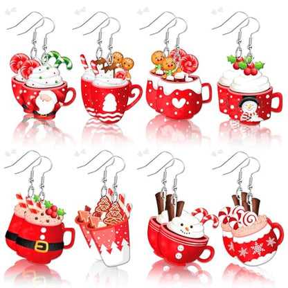8 Pairs Christmas Acrylic Earrings for Women Xmas Dangle Jewelry | Xmas Hot Cocoa Earrings, Christmas Holiday Jewelry Gifts Party Accessories, Hypoallergenic Acrylic, Double Side - style: Christmas Hot Cocoa