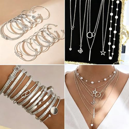 46Pcs Gold Jewelry Set for Women with 5 Necklace, 12 Bracelet, 5 Hoop Earrings, 15 Stud Earrings and 9 Rings Jewelry Set For Gifts for Women. - style: Silver Jewelry