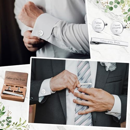 Colingmill Father of the Bride Gift Dad of the Bridegroom Cufflinks Tie Clip Set with Engraved Wood Gift Box for Dad - style: Father of the Bride, First