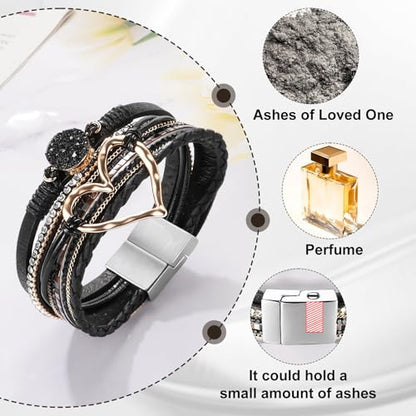 abooxiu Urn Bracelet for Ashes Cremation Jewelry for Ashes Heart Cremation Ash Bracelets Memorial Ash Keepsake Urn Jewelry for Women, Stainless Steel Leather Wrap Stackable Boho Cuff Bangles - style: Engraved
