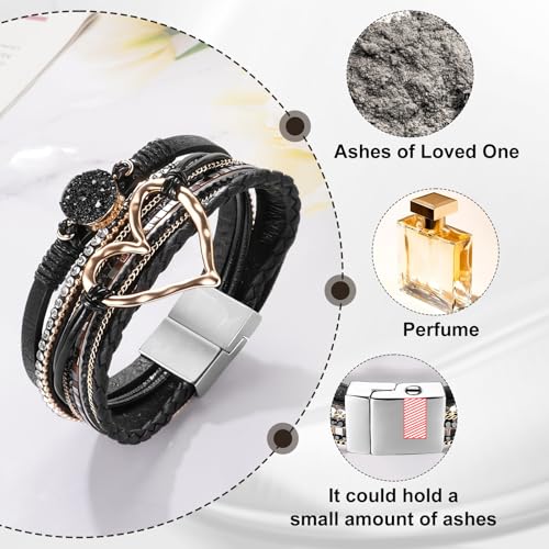 abooxiu Urn Bracelet for Ashes Cremation Jewelry for Ashes Heart Cremation Ash Bracelets Memorial Ash Keepsake Urn Jewelry for Women, Stainless Steel Leather Wrap Stackable Boho Cuff Bangles - style: Non-Engraved