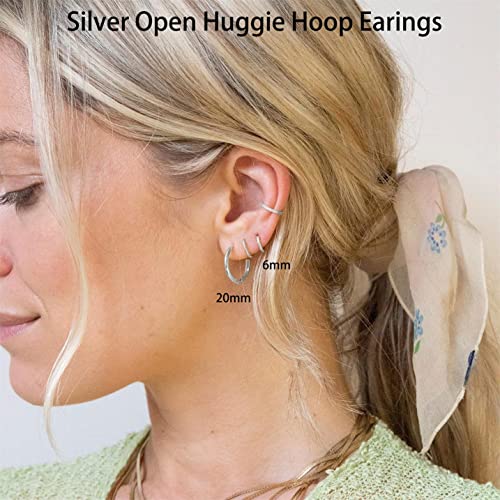 Minimalist Hoops for Women - 14K Gold Open Huggie Hoop Earrings, Hypoallergenic Tiny Hoops in Gold and Silver (Set of 1-5 Pairs) - color: Silver - 6mm/8mm/10mm/15mm/20mm
