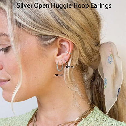 Minimalist Hoops for Women - 14K Gold Open Huggie Hoop Earrings, Hypoallergenic Tiny Hoops in Gold and Silver (Set of 1-5 Pairs) - color: Silver - 6mm/8mm/10mm/15mm/20mm