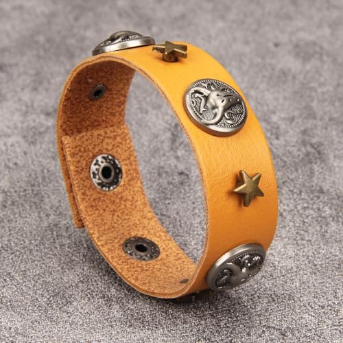 Jeilwiy Punk Leather Wristbands for Men Bracelets Handmade Wide Cuff Bangle Braided Jewelry Black Brown Adjustable - Punk Father's Gifts - color: Rocker Star & Orange