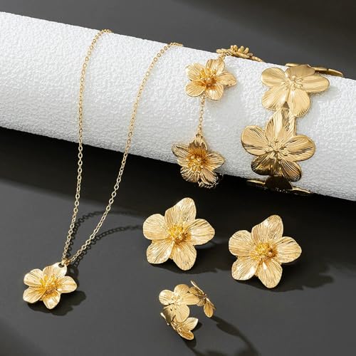 Gold Flower Jewelry Set For Women, 5 Pcs Chunky Golden Floral Pendant Necklace Bracelet Earrings Ring Set Statement Flower Jewelry Gifts For Beach Wedding - color: 5pcs-Gold