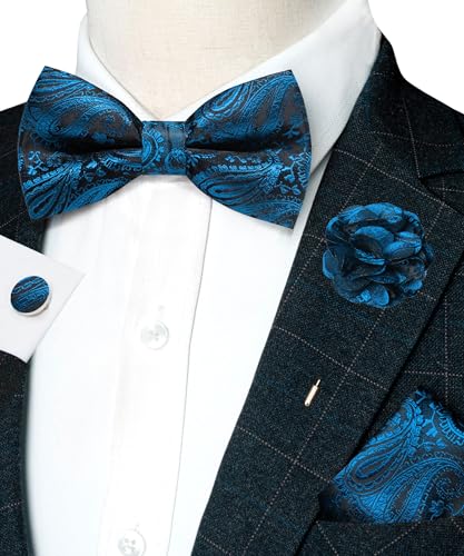 JEMYGINS Mens Paisley Bow Tie and Lapel Pin Necktie Pocket Square and Tie Clip with Sets for Business Casual 4PCS - color: Teal Blue