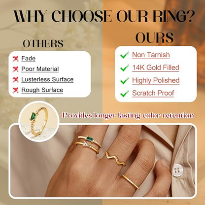 Fansilver 10PCS Stackable Gold Rings for Women Non Tarnish, 14K Gold Plated Dainty Cubic Zirconia Ring Set, Opal Emerald Heart Stacking Band Thumb Knuckle Rings Size 5-11