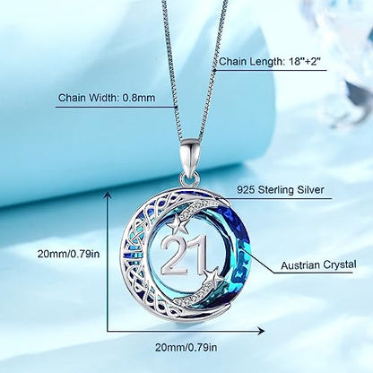JUSTKIDSTOY Birthday Gifts for Women Girls 925 Sterling Silver Celtic Moon Star Necklace with Blue Crystal Pendant Jewelry for Sister Friends - style: 21st