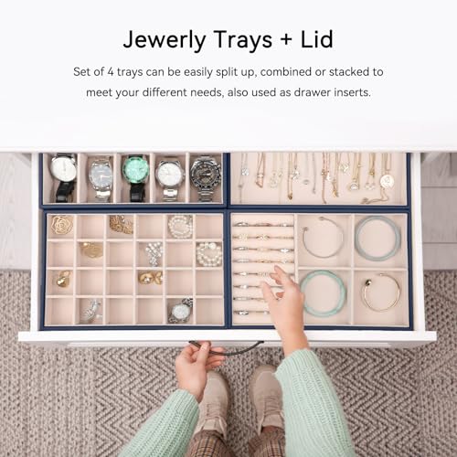 Voova Stackable Jewelry Organizer Tray with Lid (Set of 4, Dark Blue) | Stackable PU leather jewelry trays with drawer inserts for earrings, rings, necklaces, bracelets and watches; set of 4 - color: Navy Blue