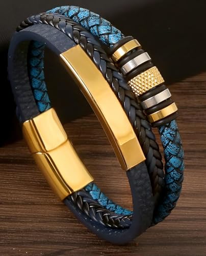 Italian Handmade Leather Bracelets for Men - color: Braided Gold Blue, size: 8.2"