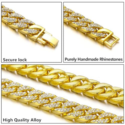 Saintda Iced Out Cuban Link Chain Necklace Bracelet Set for Men | 14mm Cuban Link Necklace Bracelet Jewelry Set Diamond Iced Out Mens Bling Thick Necklaces Chains - color: Gold-W:14MM-THK:5MM, size: 24inch