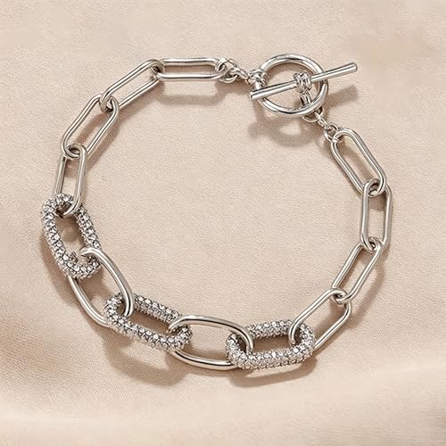 Minimalist Oval Paperclip Link Chain Bracelet, Cubic Zirconia Accented Toggle Clasp Hand Jewelry for Women - color: Silver, size: One Size